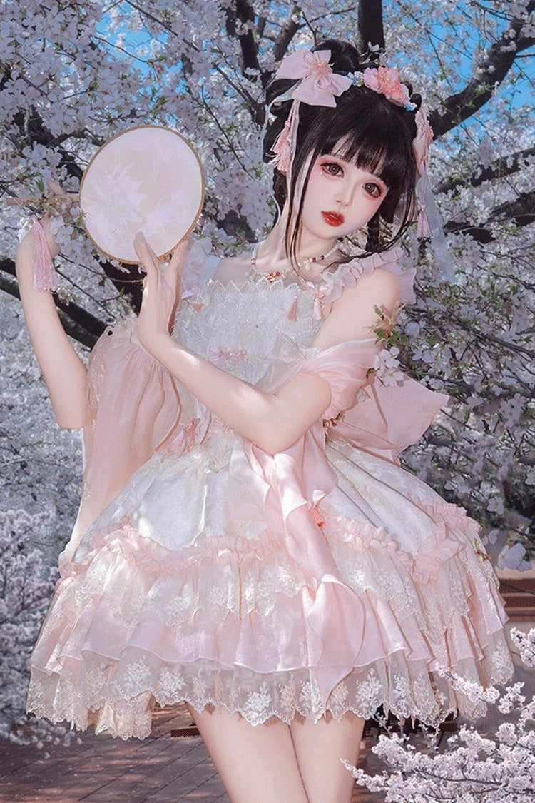 Pink [Lyrics in the Midst of Flowers] Ruffle Embroidery Bowknot Chinese Style Elegant Sweet Lolita Jsk Dress - Product - 3