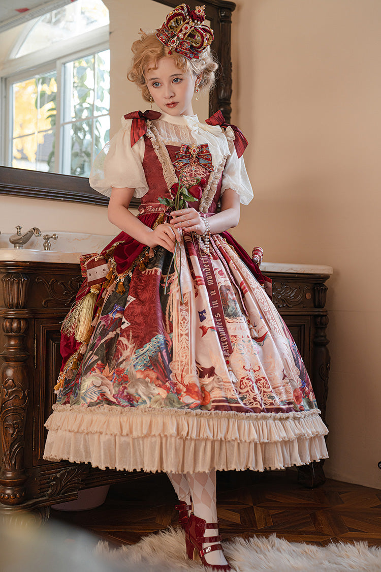Red [Kaleidoscope of Dreams] Sleeveless Double-Layered Print Embroidery Bowknot Classic Vintage Gorgeous Lolita Jsk Dress - Product - 12