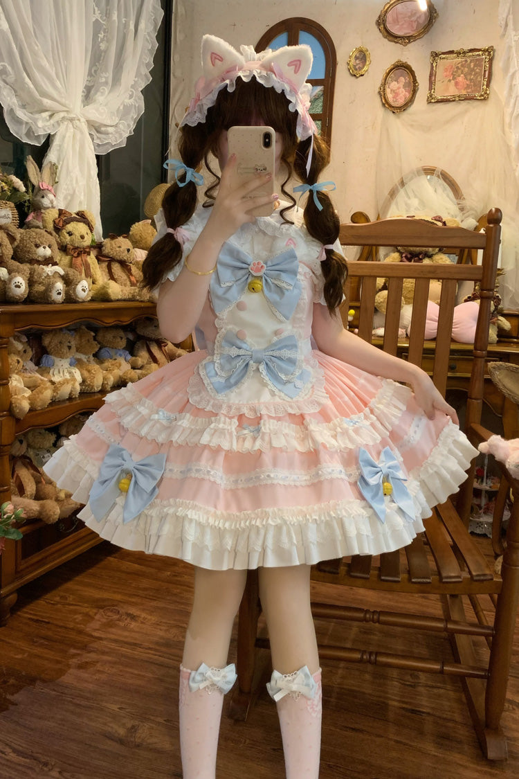 Pink [Meowling Sweet Maid] Sleeveless Multi-Layered Ruffle Bowknot Lace Sweet Princess Lolita Jsk Dress - Product - 5