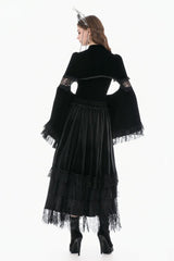 Black Keyhole Mandarin Collar Long Flare Sleeves Velvet Splice Lace Women's Gothic Shrug - Product - 11