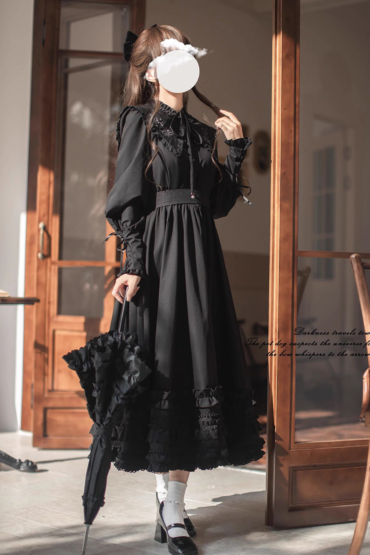 Black [Wind Kissed Tulips] Long Sleeves Ruffle Embroidery Bowknot Gothic Vintage Elegant Lolita Dress - Product - 3