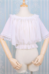 White Chiffon Boat Neck Half Sleeves Sweet Lolita Blouse - Product - 2