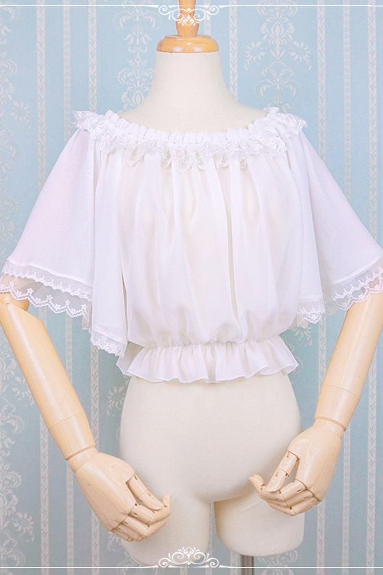 White Chiffon Boat Neck Half Sleeves Sweet Lolita Blouse - Product - 2
