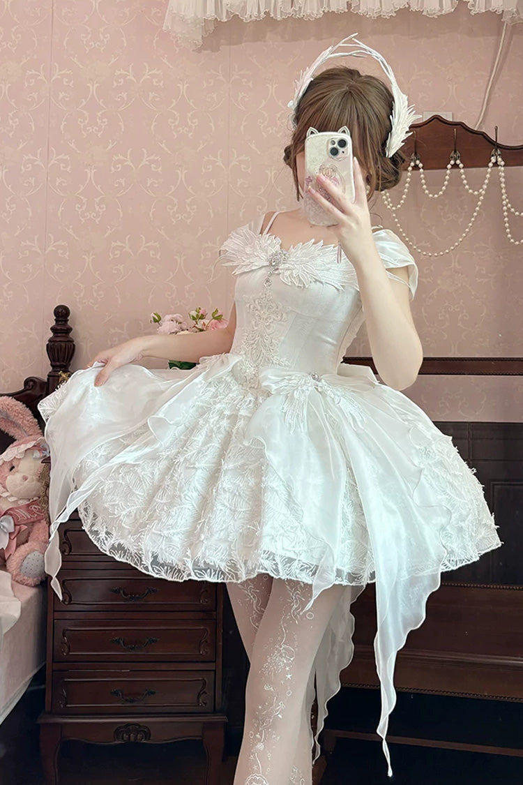 White [Feathers Floating In The Air] Square Collar Flutter Sleeves Embroidered Bow Lace Sweet Lolita Jsk Dress - Product - 4