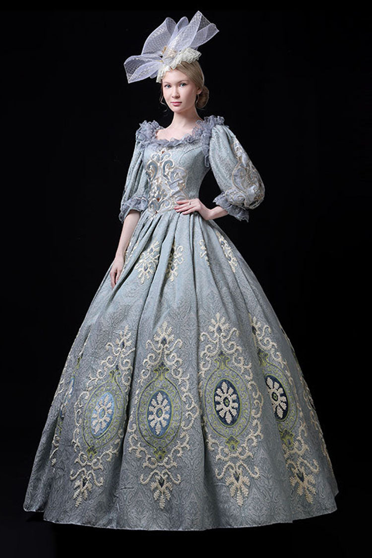 Blue Boat Neck Half Sleeves High Waisted Hollow Embroidery Floral Print Victorian Lolita Prom Dress - Product - 3