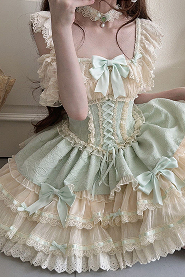 Green [Flory Butterfly] Double-Layered Ruffle Bowknot Lace Lace-Up Sweet Ballet Lolita Jsk Dress - Product - 5