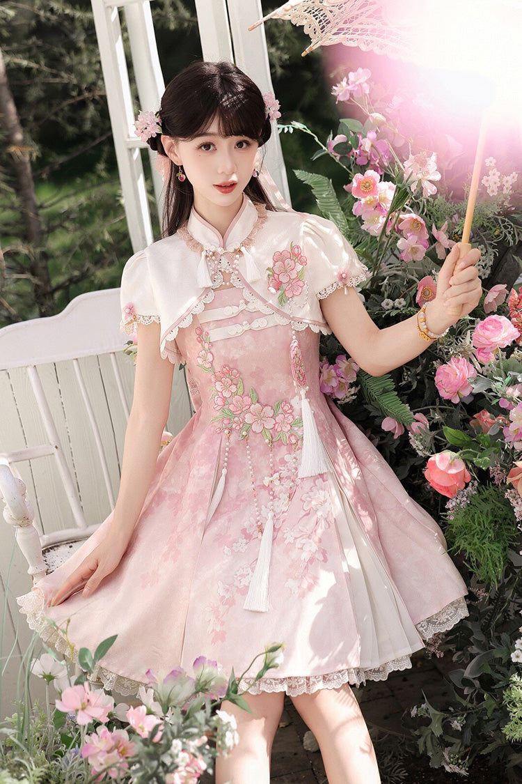 Pink [Whispers on Falling Cherry Blossoms] Printed Embroidered Tassel Sweet Classic Chinese Style Lolita Jsk Dress Set - Product - 11