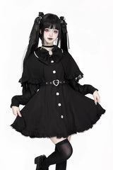 Black Long Sleeves Removable Cape Ruffle Lace Gothic Jirai Kei Elegant Dress - Black - 1