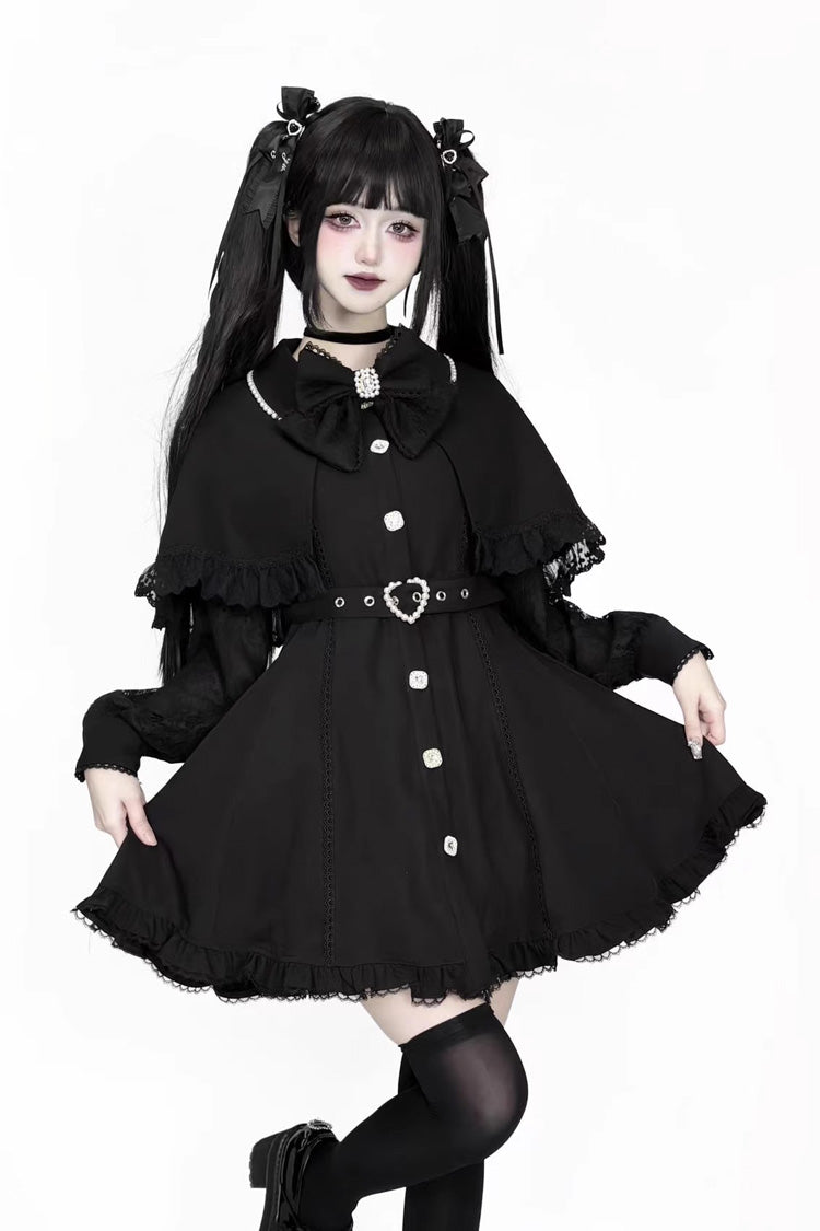 Black Long Sleeves Removable Cape Ruffle Lace Gothic Jirai Kei Elegant Dress - Black - 1