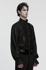 Black Stand Collar Long Puff Sleeves PU Stitching Pleated Men's Gothic Blouse - Product - 2