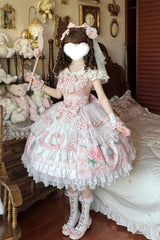 Pink [Berry Sweet Wish] Square Collar Printed Ruffled Open-Front Bow Lace Pearl-Decorated Sweet Lolita Jsk Dress Set - Product - 2
