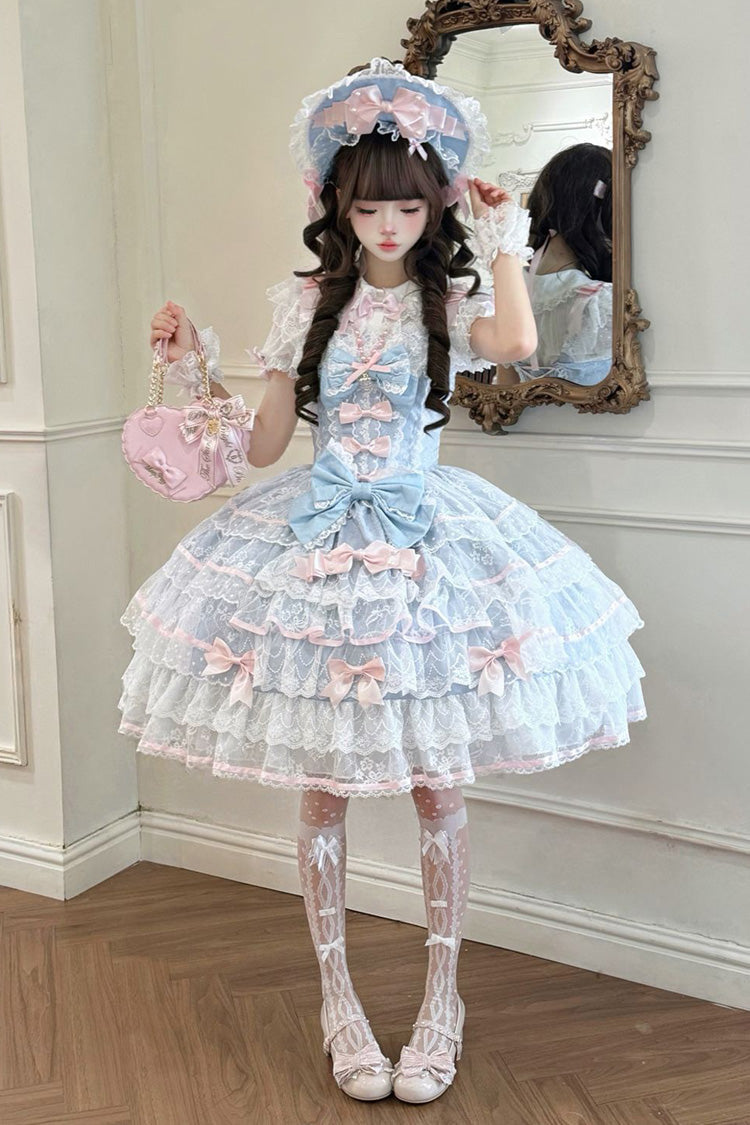 Blue [Moon-Tide Butterfly’s Call] Sleeveless Multi-Layered Ruffle Bowknot Lace Sweet Lolita Jsk Dress - Product - 2