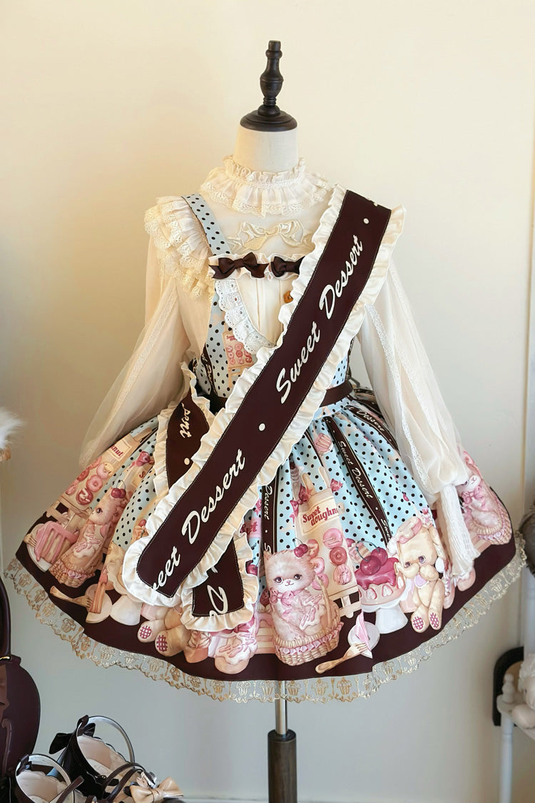Multi-Color [Cat Chocolate Patisserie] Sleeveless Printed Ruffled Bow Lace Sweet Lolita Strap Dress - Product - 4