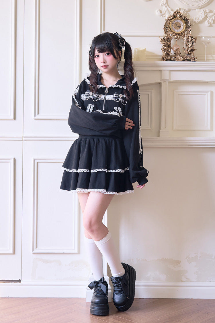 Sweet Long Sleeves Bowknot Lace Hooded Jirai Kei Hoodie Skirt Set 3 Colors - Product - 7