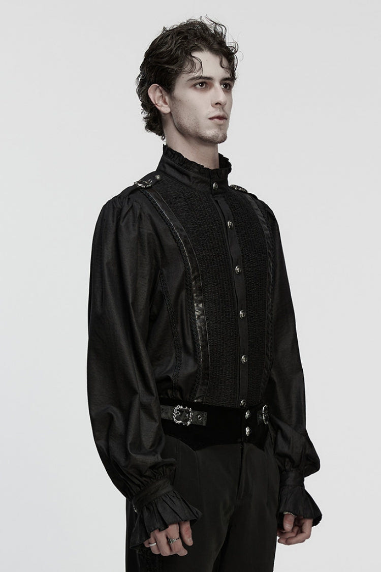 Black Stand Collar Long Puff Sleeves Ruffle Pleated Men's Gothic Blouse - Product - 2