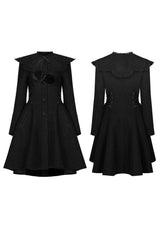 Black Fur Collar Fur Ball Decoration Long Sleeves Rose Button Womens Gothic Coat With Removable Collar - Product - 5