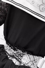 Black/White Navy Collar Short Sleeves Printed Ruffled Bow Jirai Kei Japanese Skirt and Blouse Set - Product - 7