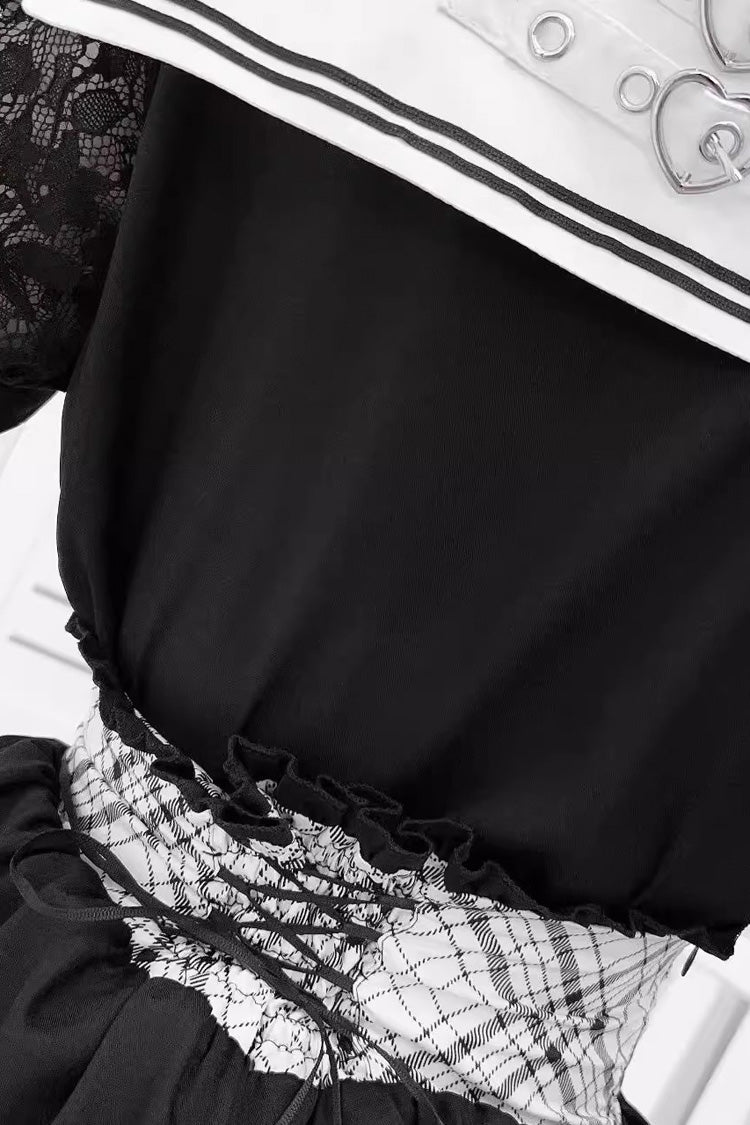 Black/White Navy Collar Short Sleeves Printed Ruffled Bow Jirai Kei Japanese Skirt and Blouse Set - Product - 7