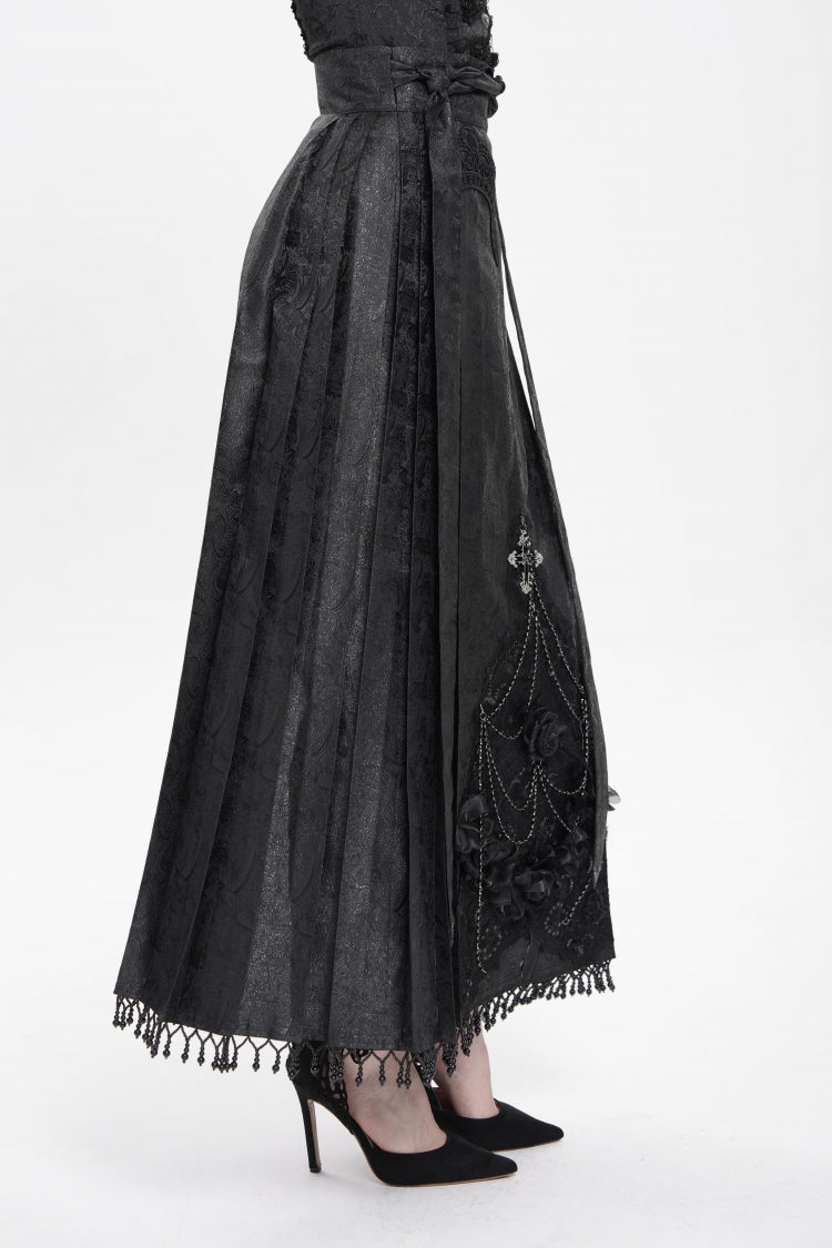 Black Floral Cross Embroidery Chain Women's Gothic Horse-face Long Skirt - Product - 4