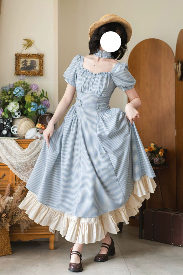 Light Blue [Chantilly Forest] Square Collar Short Sleeves Striped Printed Ruffled Classic Vintage Elegant Lolita Dress - Product - 2