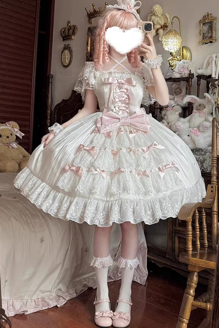 White/Pink [Snow of Love] Ruffled Hanayome Open-Front Bow Lace Sweet Princess Lolita Dress - Product - 5