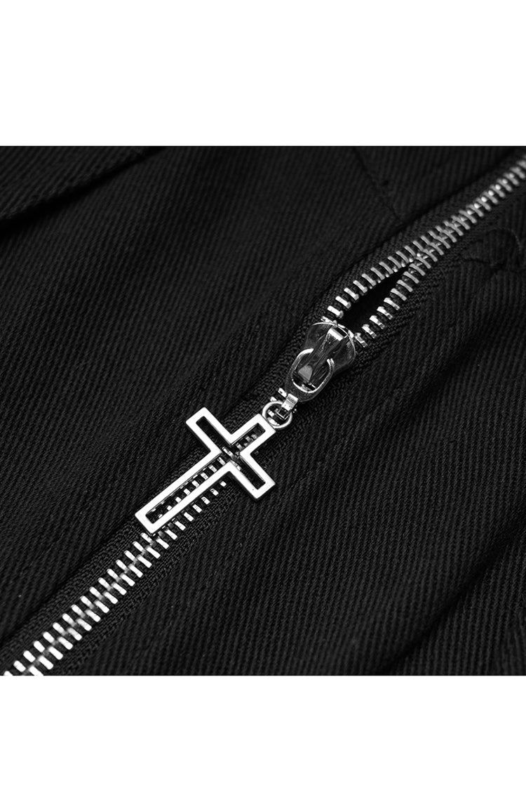 Black High Waist Front Zipper Metal Eyelets Belt Side Pocket Women's Punk Denim Skirt - Product - 5