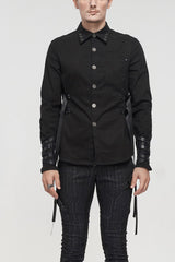 Black Nylon Strap Metal Buckle Decoration Long Sleeve Elasticity Men's Punk Shirt - Black - 1