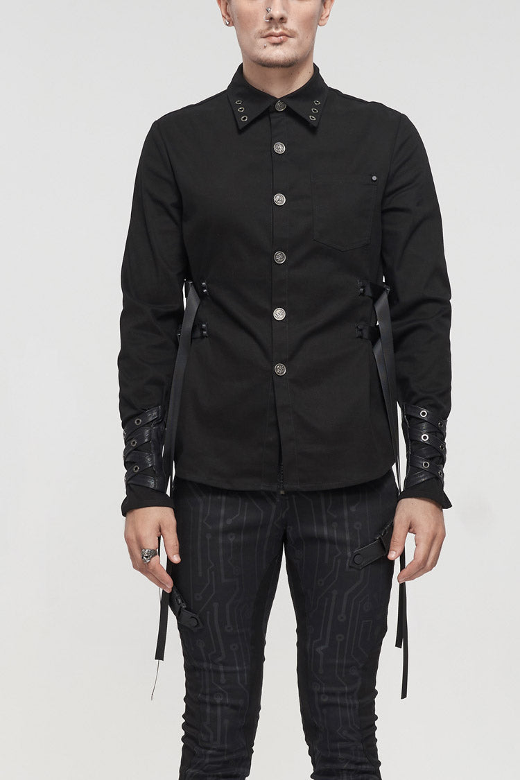 Black Nylon Strap Metal Buckle Decoration Long Sleeve Elasticity Men's Punk Shirt - Black - 1