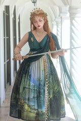 Green [Grace in Favor] V Collar Sleeveless Oil Painting Printed Sweet Lolita Jsk Dress - Product - 3