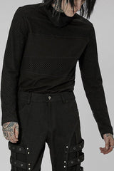 Black Punk Super High Collar Masked Hanging Ear Splicing Mesh Long Sleeves Men's T-Shirt - Black - 1