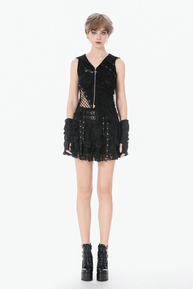 Black Sleeveless Mesh Ripped Asymmetric Zippered Eyelet Women's Punk Hooded Top - Product - 8