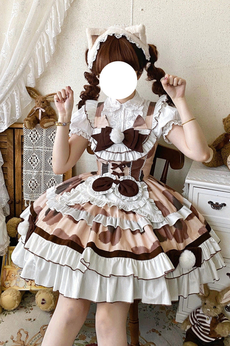 Brown [Calico Cat] Sleeveless Triple-Layered Printed Ruffled Bow Plush Sweet Lolita Jsk Dress - Brown - 1
