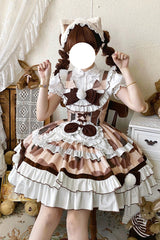 Brown [Calico Cat] Sleeveless Triple-Layered Printed Ruffled Bow Plush Sweet Lolita Jsk Dress - Brown - 1