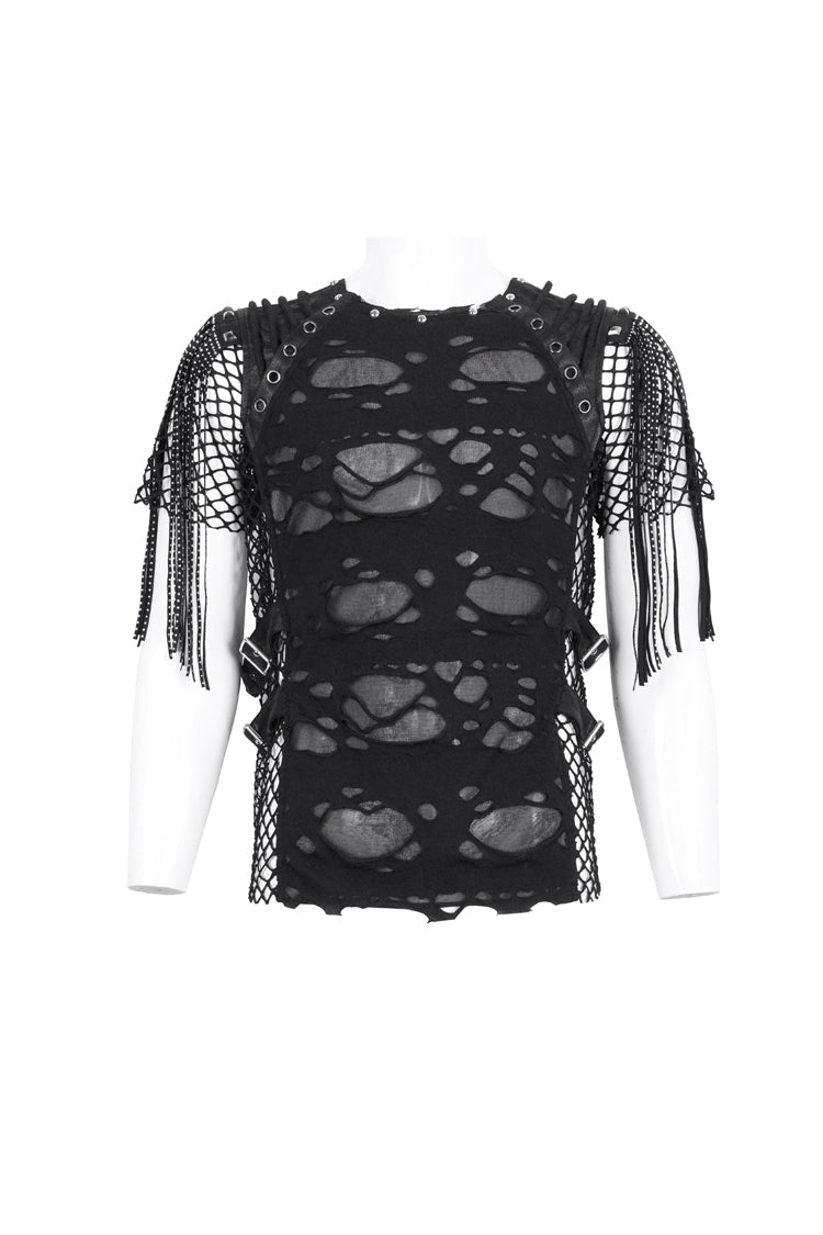 Black Round Collar Mesh Stitching Men's Punk T-Shirt - Product - 5