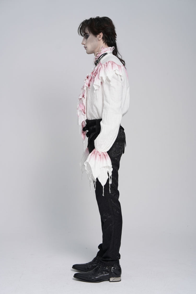 White High Collar Long Trumpet Sleeves Color-Blocked Pleated Men's Gothic Shirt - Product - 4