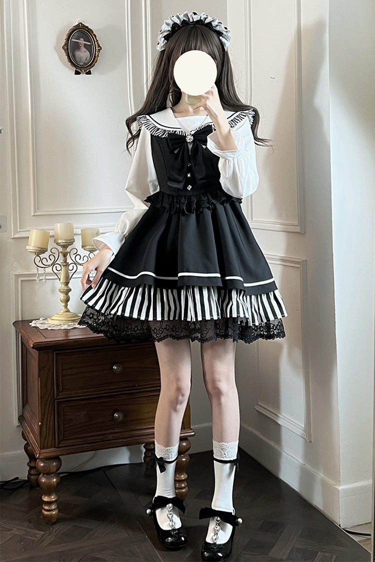 Black [Twilight Song] Stripe Print Bowknot Lace Jirai Kei Jumper Dress - Product - 11