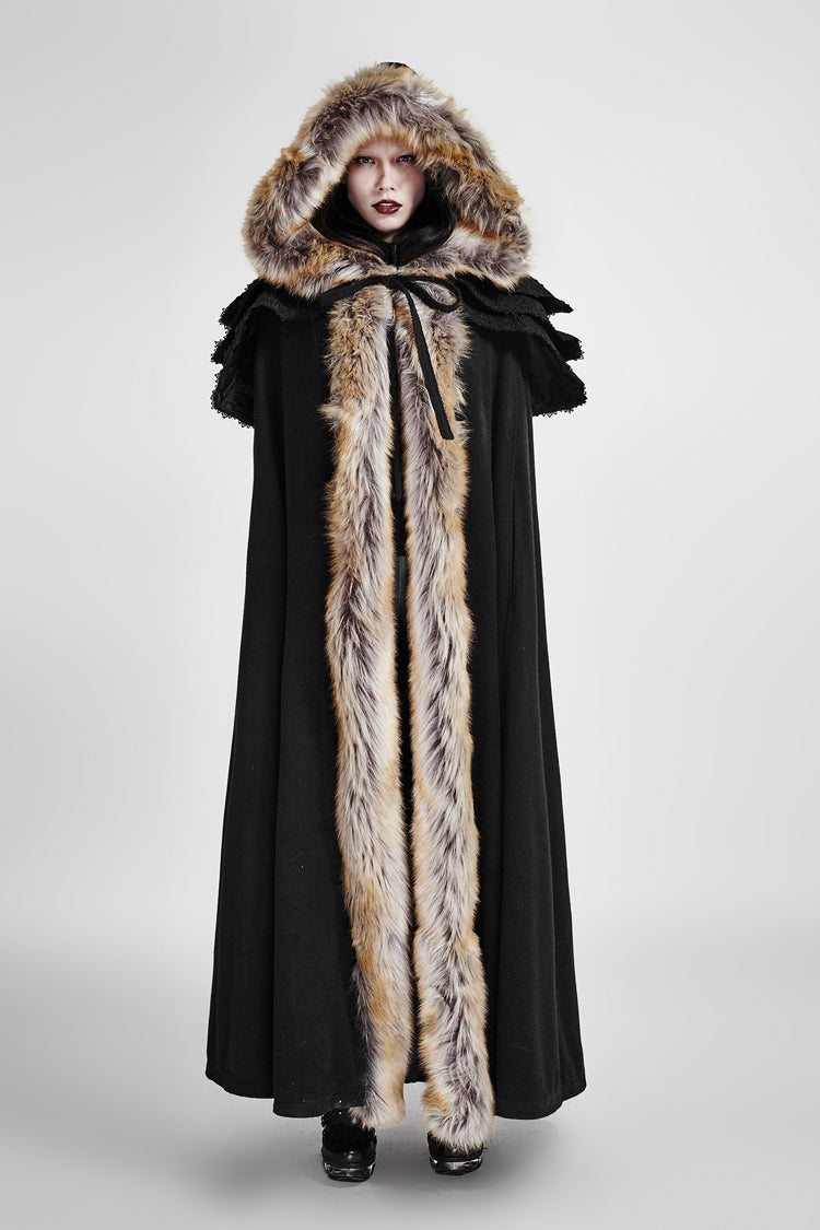 Black Hooded Fur Collar Wool Long Womens Gothic Coat Cloak - Product - 3