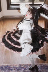 Black/Pink Sleeveless Multi-Layered Ruffle Bowknot Lace-Up Sweet Lolita Strap Dress - Product - 5