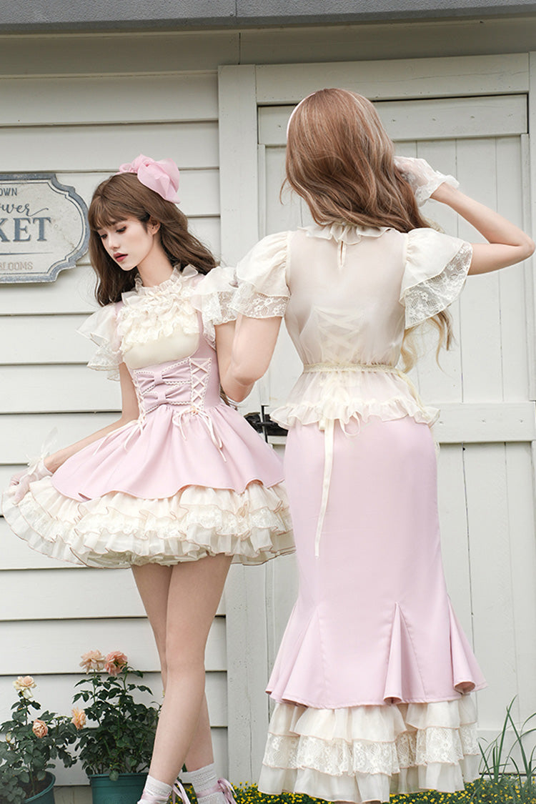 Pink [Love Diary] Multi-Layered Ruffle Bowknot Lace-Up Sweet Lolita Jsk Bustier Dress - Product - 11