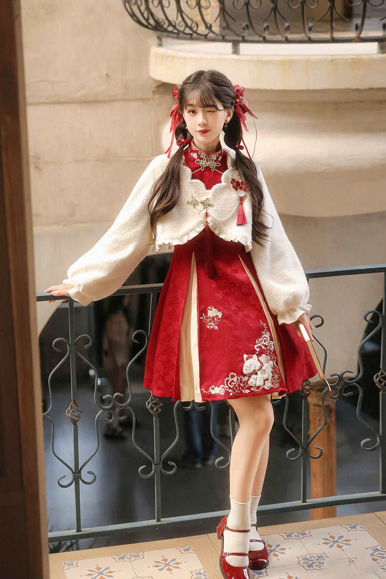 Red/White Stand Collar Long Sleeves High Waisted Embroidery Women's Sweet Chinese Style Hanfu Dress Two-piece Set - Product - 4