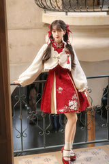 Red/White Stand Collar Long Sleeves High Waisted Embroidery Women's Sweet Chinese Style Hanfu Dress Two-piece Set - Product - 4