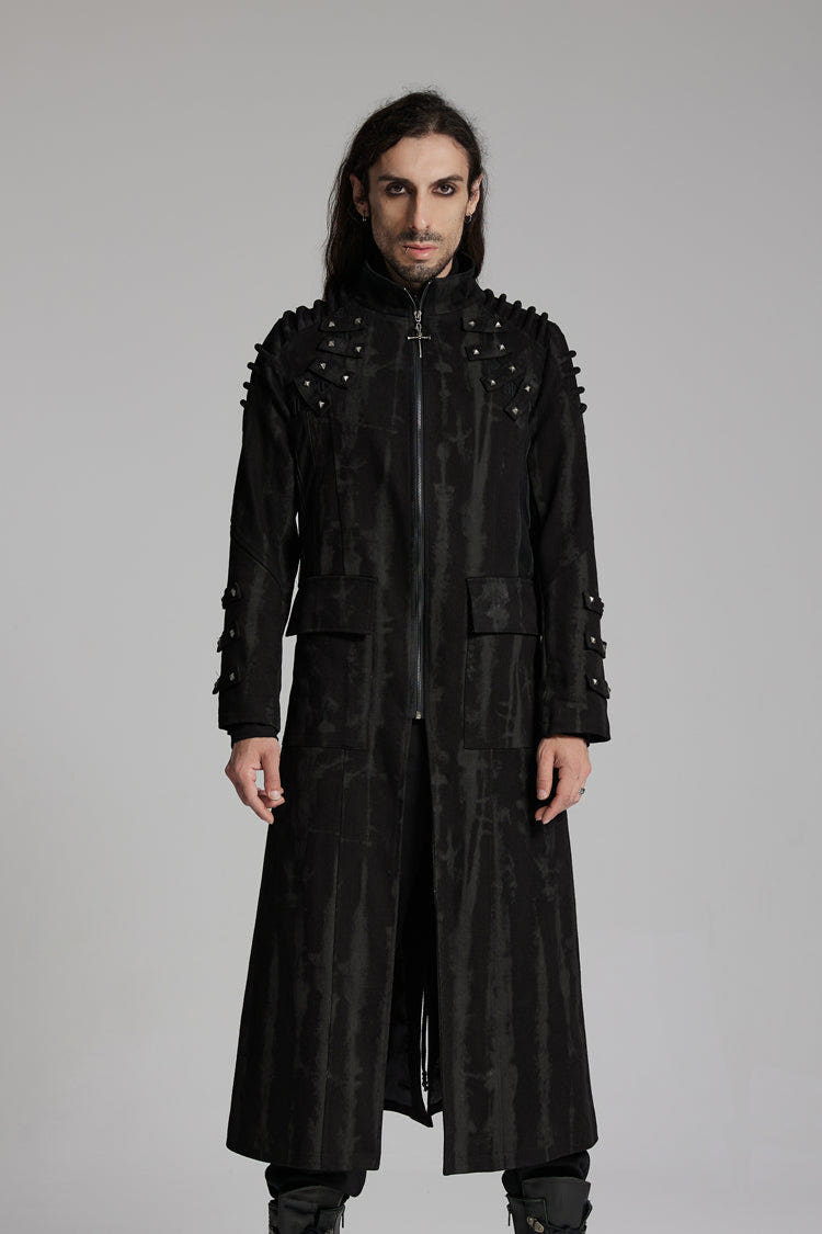 Black Stand Collar Long Sleeves Rivets Strap Zip Men's Punk Long Coat - Black - 1