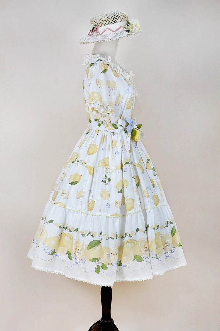 White [Lemon Chicken] Short Sleeves Print Ruffle Bowknot Lace Daily Sweet Lolita Dress - Product - 8