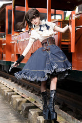 Blue Middle Ages Ruffle Embroidery Bowknot Classic Punk Vintage Lolita Skirt Full Set - Product - 5