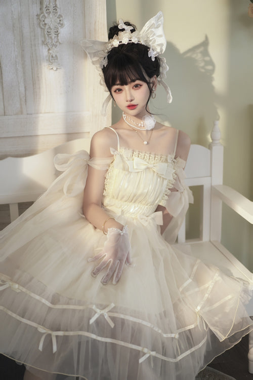 Beige Small Ballet High Waisted Bowknot Chiffon Long Version Sweet Lolita JSK Dress - Product - 2