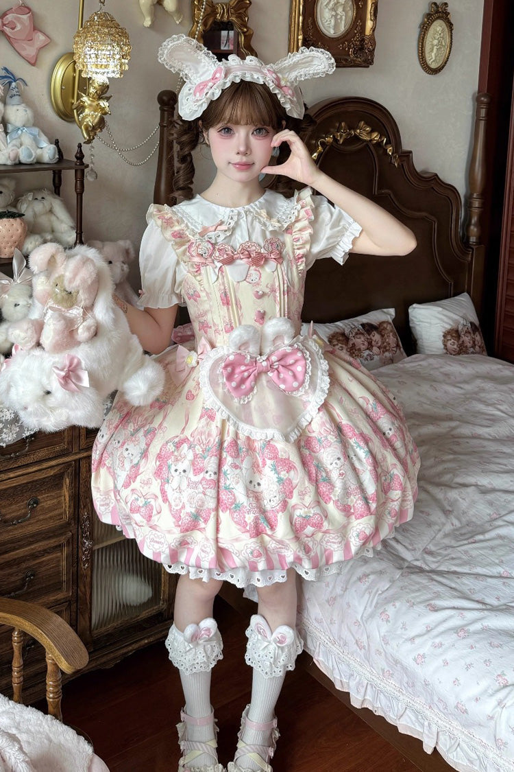 [Cream Rabbit Strawberry] Print Sleeveless Bowknot Sweet Lolita Jsk Dress 2 Colors - Pink - 1