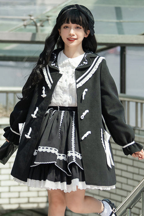 Black Horn Button Suit Collar Lantern Sleeves Back Bow Sweet Lolita Coat - Product - 3