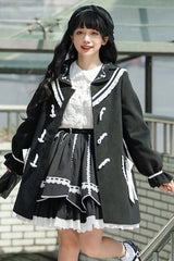 Black Horn Button Suit Collar Lantern Sleeves Back Bow Sweet Lolita Coat - Product - 3