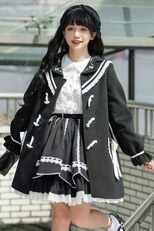 Black Horn Button Suit Collar Lantern Sleeves Back Bow Sweet Lolita Coat - Product - 3