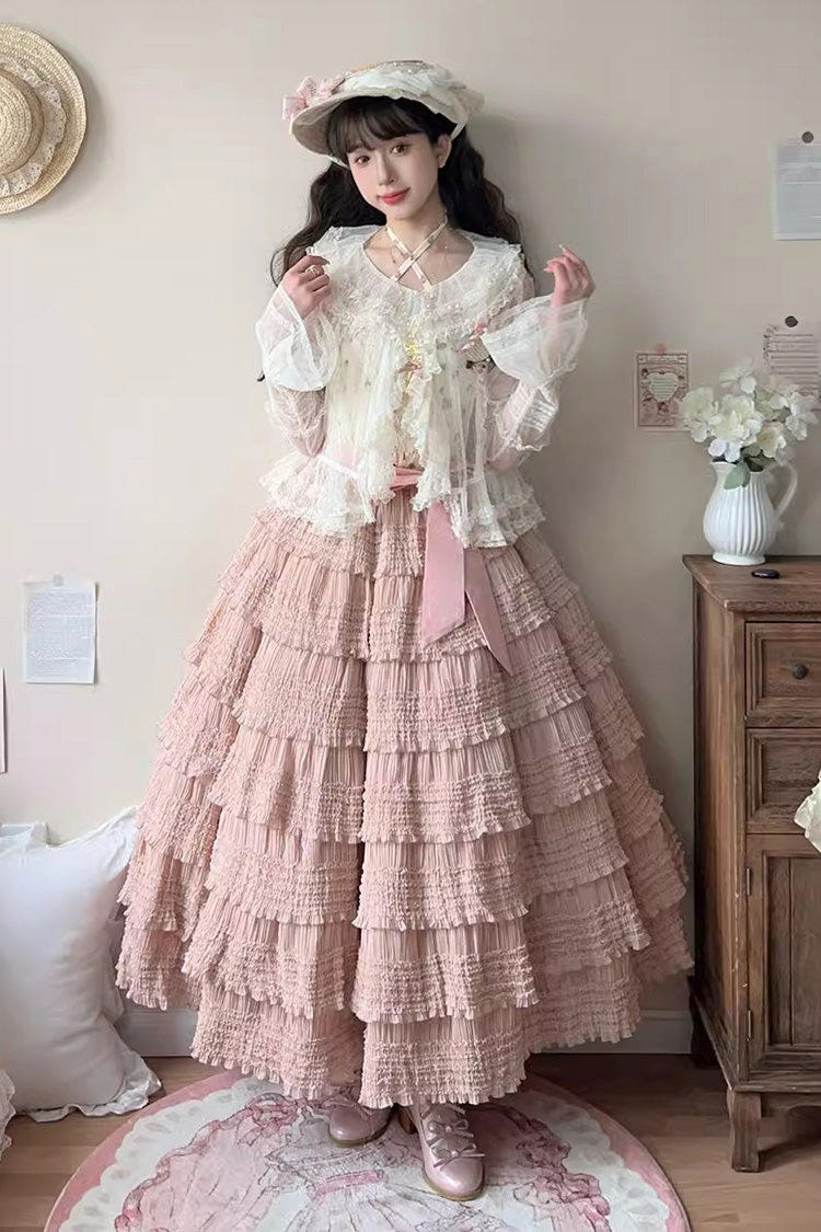 Cat Rose Tea Multi-layer Ruffle Sweet Lolita Skirt 3 Colors - Pink - 1
